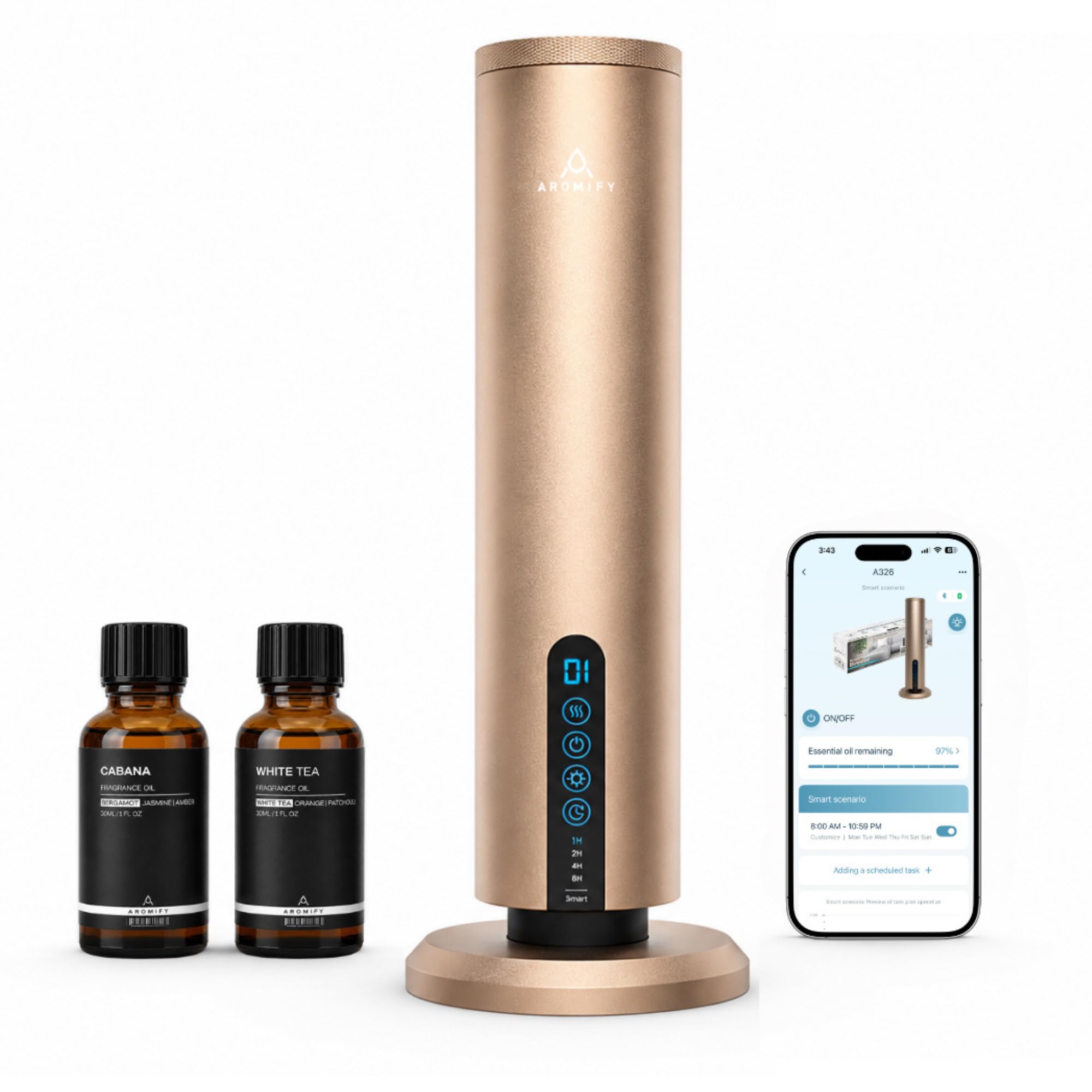 Breeze Difusor sin agua, difusor de aceite de fragancia inalámbrico y recargable con aceites de té blanco y cabaña incluidos, cobertura de 1200 pies cuadrados, control Bluetooth y aplicación