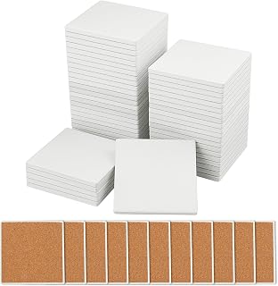 GNIEMCKIN 50 Pack 4 Inch Blank Unglazed Ceramic Coasters with Cork Backs - Square White Tiles for DIY Crafts, Painting & Mosaics