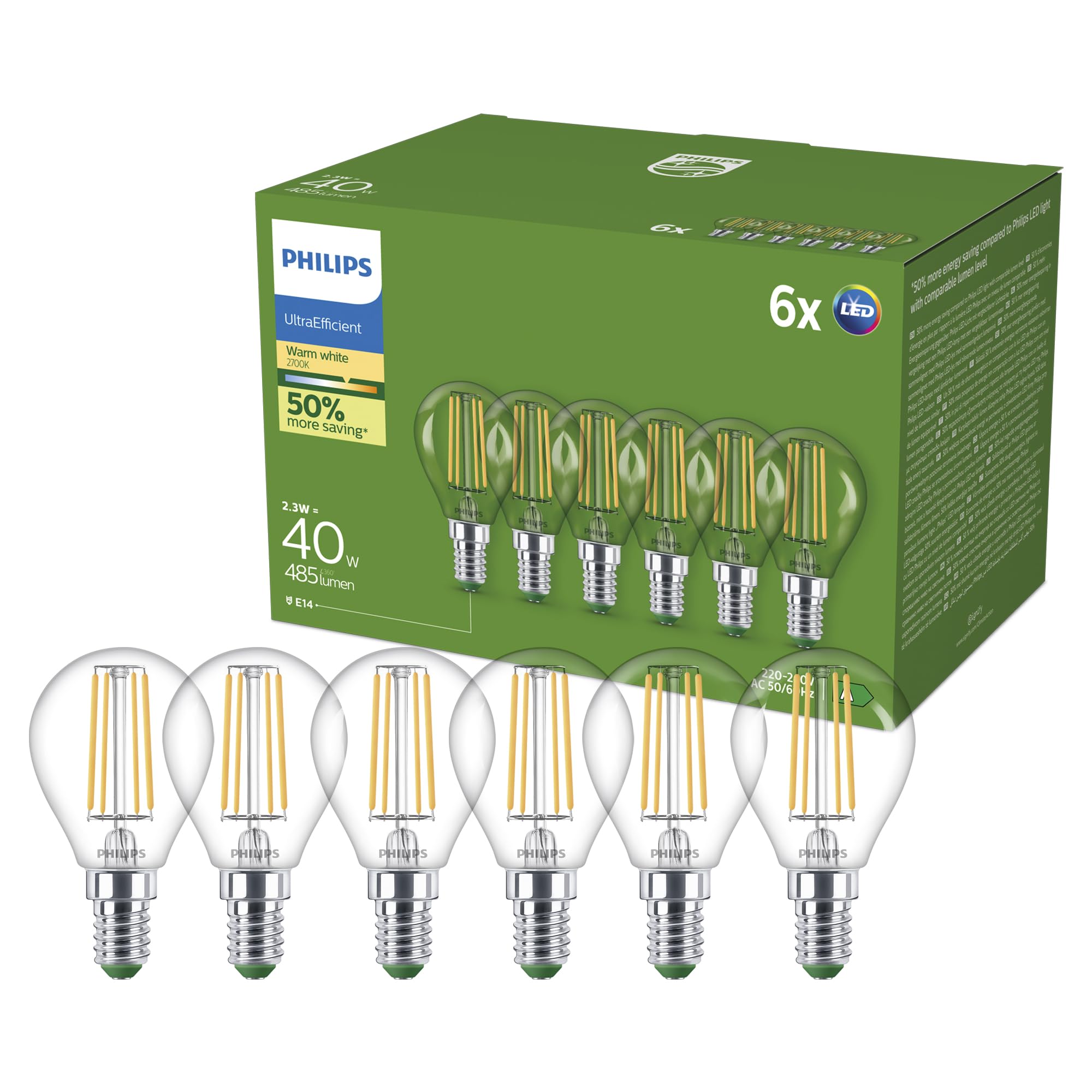 Philips UltraEfficient LED Light Bulb, 6 Pack, P45, E14, 485 Lumens, 40W, Energy Saving, EyeComfort, Long Lifetime, Warm White Light 2700K, Classic Design, Clear Bulb