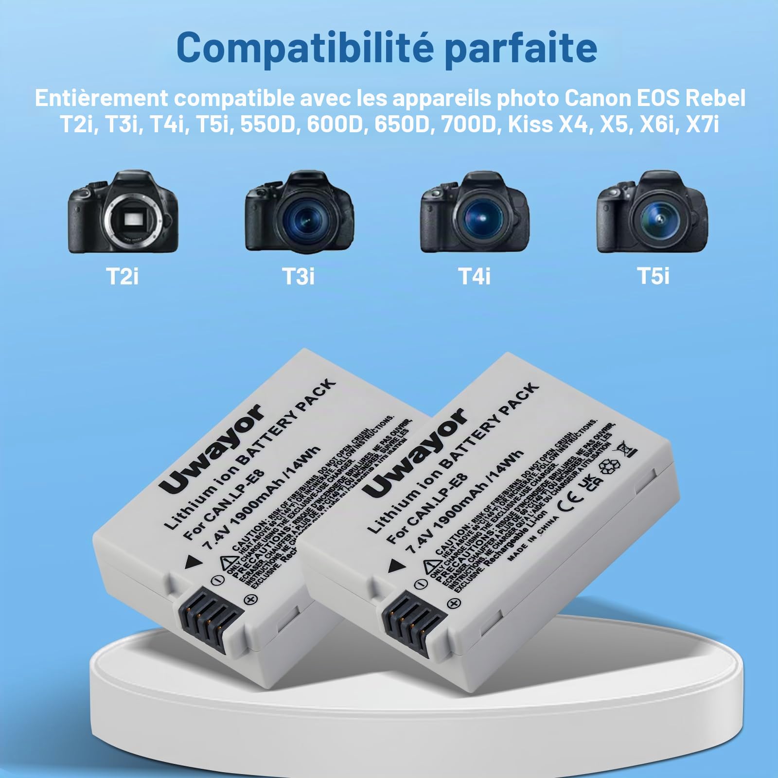 LP-E8 Batterie pour Canon LP-E8 (2 pièces) et Canon EOS Appareil Photo Numérique Rebel T2i, T3i, T4i, T5i, EOS 550D, 600D, 650D, 700D, Kiss X4, X5, X6, X6i, X7i