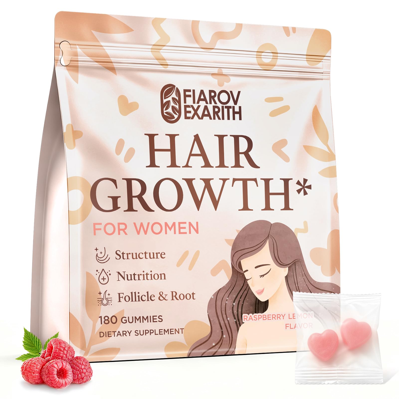 Hair Growth Gummies for Women, Biotin, Collagen, Raspberry Lemon, 180ct 180 Count (Pack of 1)