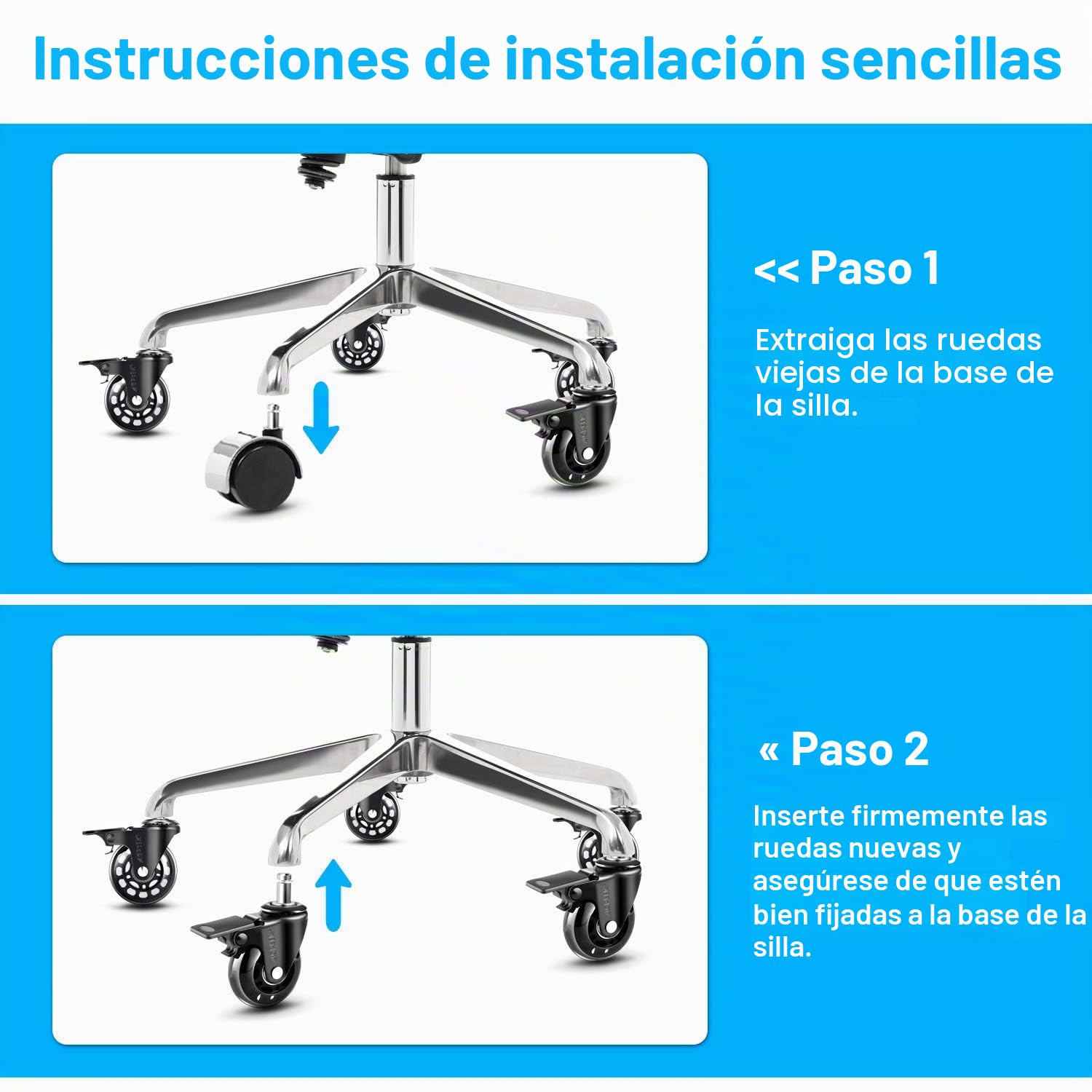AGPTEK Juego de 5 Ruedas de Reemplazo para Silla de Oficina 11x22 mm (con Freno y Desarmador), Ruedas para Silla Resistentes Universales Pivotantes con Sistema de Freno Único