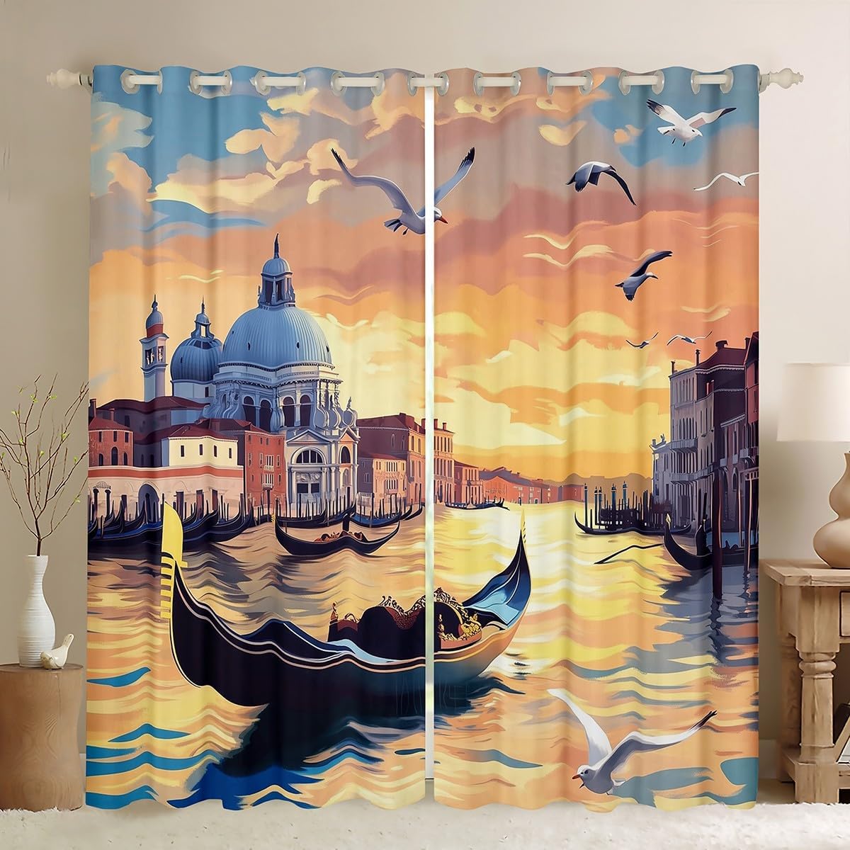 Manfei Venice Sunset Window Curtain Set of 2 Panels,Romantic Lake Boat Natural Sunshine Curtain,European Style Retro Bridge Building Window Drapes for Kids Boys Room Decor,52Wx63L Inches