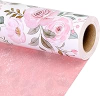 Vista 1 de BIOBROWN Rollo de papel de regalo floral reversible 17 pulgadas x 33 pies (47 pies cuadrados total) con diseño de rosas de acuarela rosa