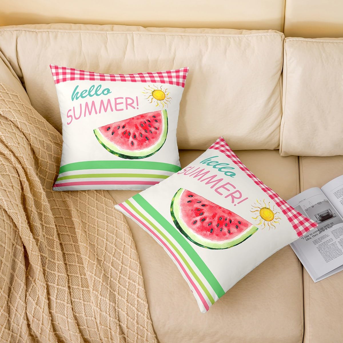 Homewish Watercolor Watermelon Throw Pillow Cover Cartoon Sun Summer Fruits Decor Cushion Cover for Kids Boys Girls Colorful Stripes Plaid Rustic Style Cushion Case for RV Chairs Car 16x16 Inch