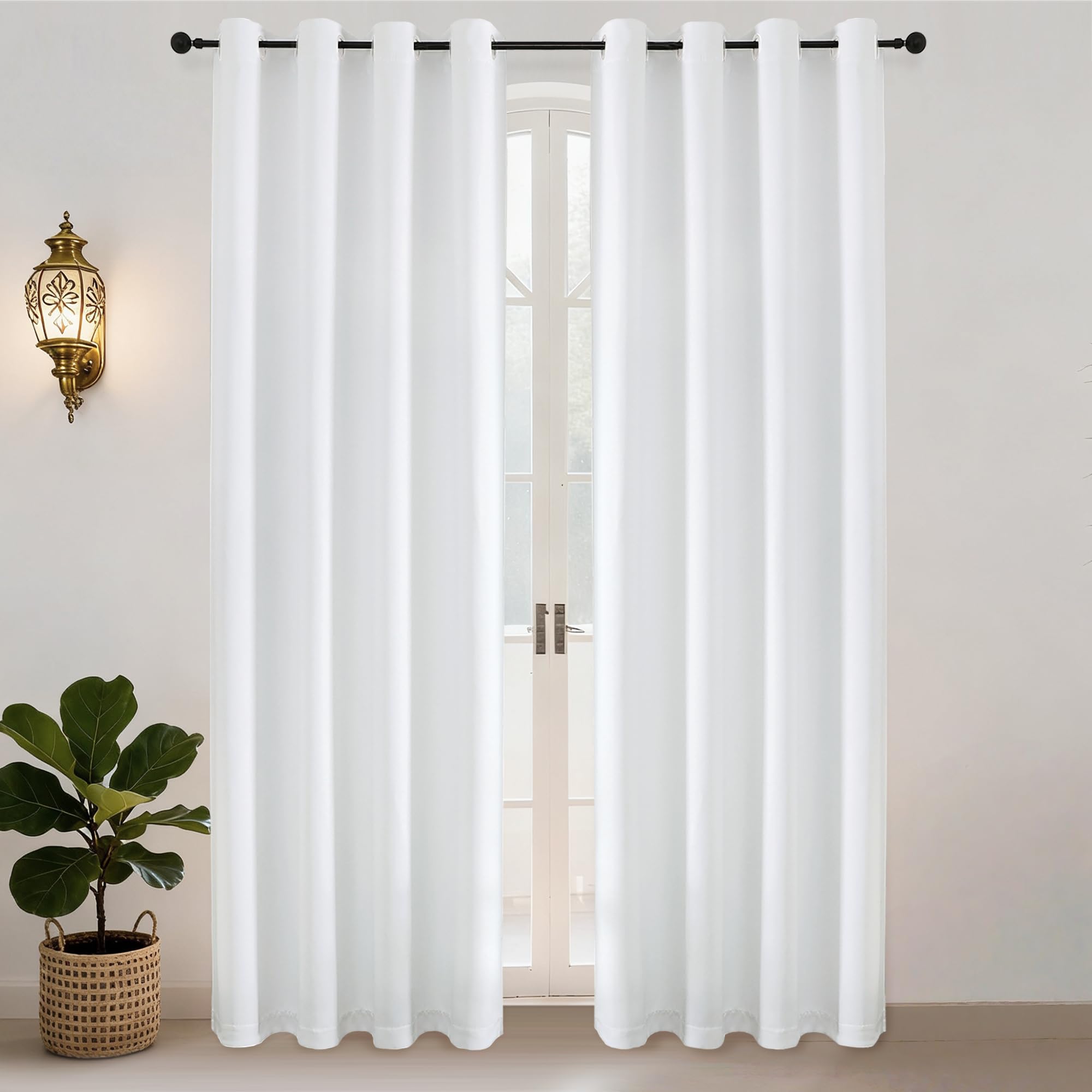 Simplebrand Ava Pure White Eyelet Light Filtering Curtains for Living Room 220 cm Length 2 Panels, Solid Thermal Insulated Privacy Living Room Window Treatment Curtains Drapes, W 140 cm x L 220 cm