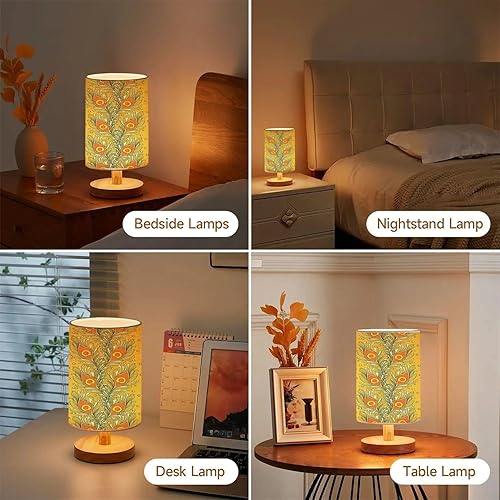 Miniatura 6 de Lámpara de noche para dormitorio, patrón de plumas sin costuras, fondo dorado, lámpara de mesa de lino, lámpara de mesa regulable con base de madera