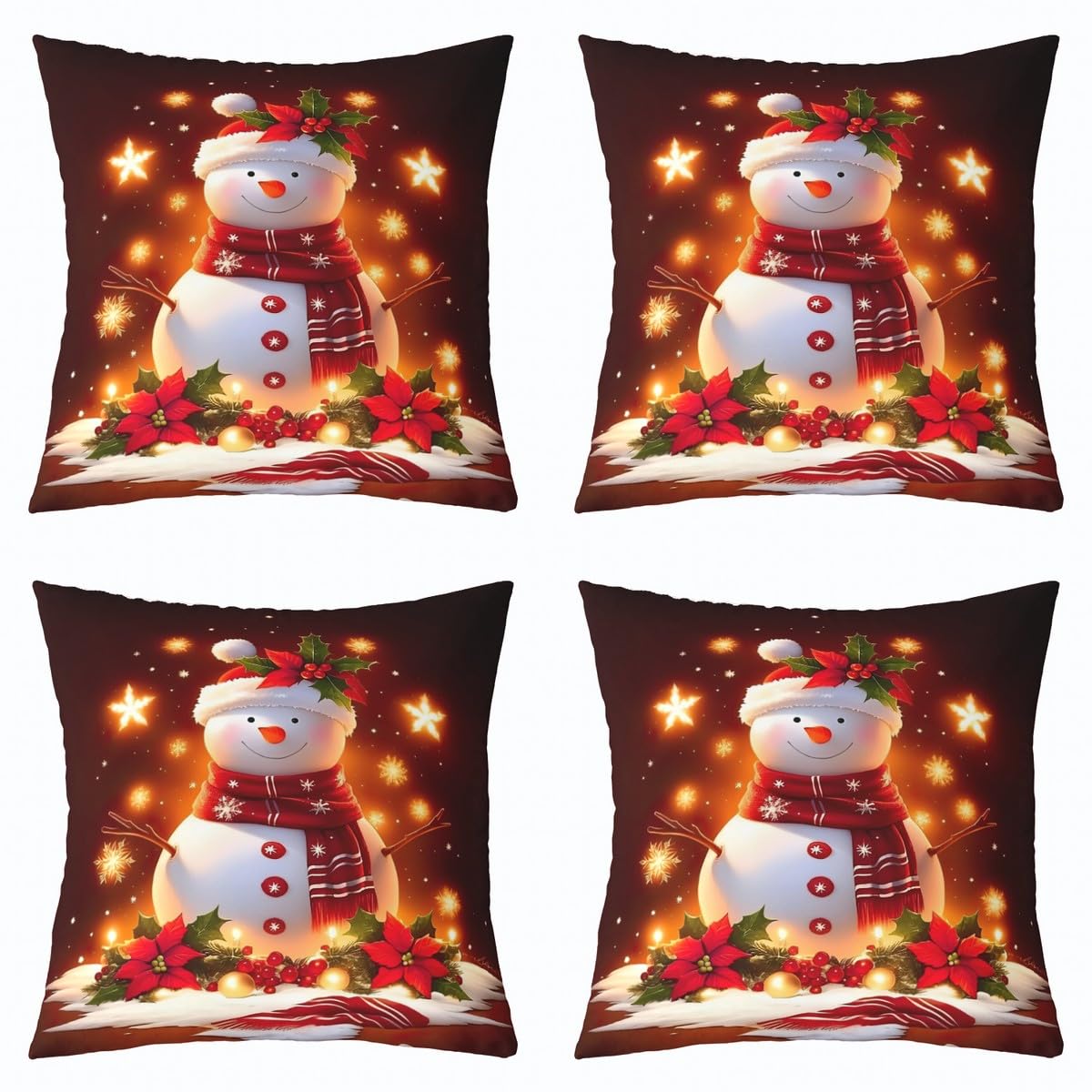 Homemissing Fundas de almohada reversibles de Navidad de 50 x 50 cm, fundas de almohada cuadradas de muñeco de nieve navideño, juego de 4 fundas de almohada de copo de nieve, fundas de almohada rojas