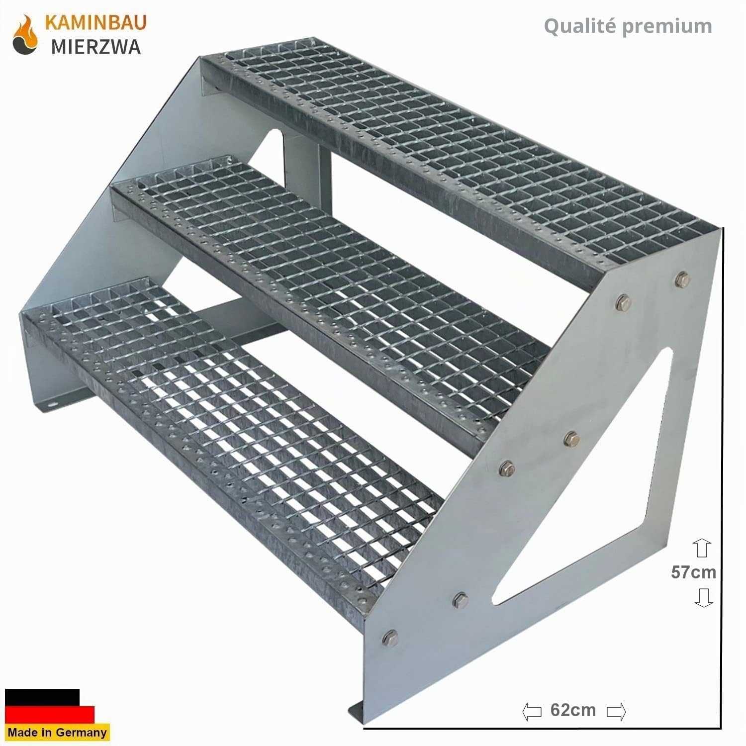 Premium Caillebotis acier Escalier à limon 3 Marches Autoportant Entièrement galvanisé - Dimensions (L x l x H) 63cm x 100cm x 57cm Résistant aux intempéries et protégé contre la corrosion