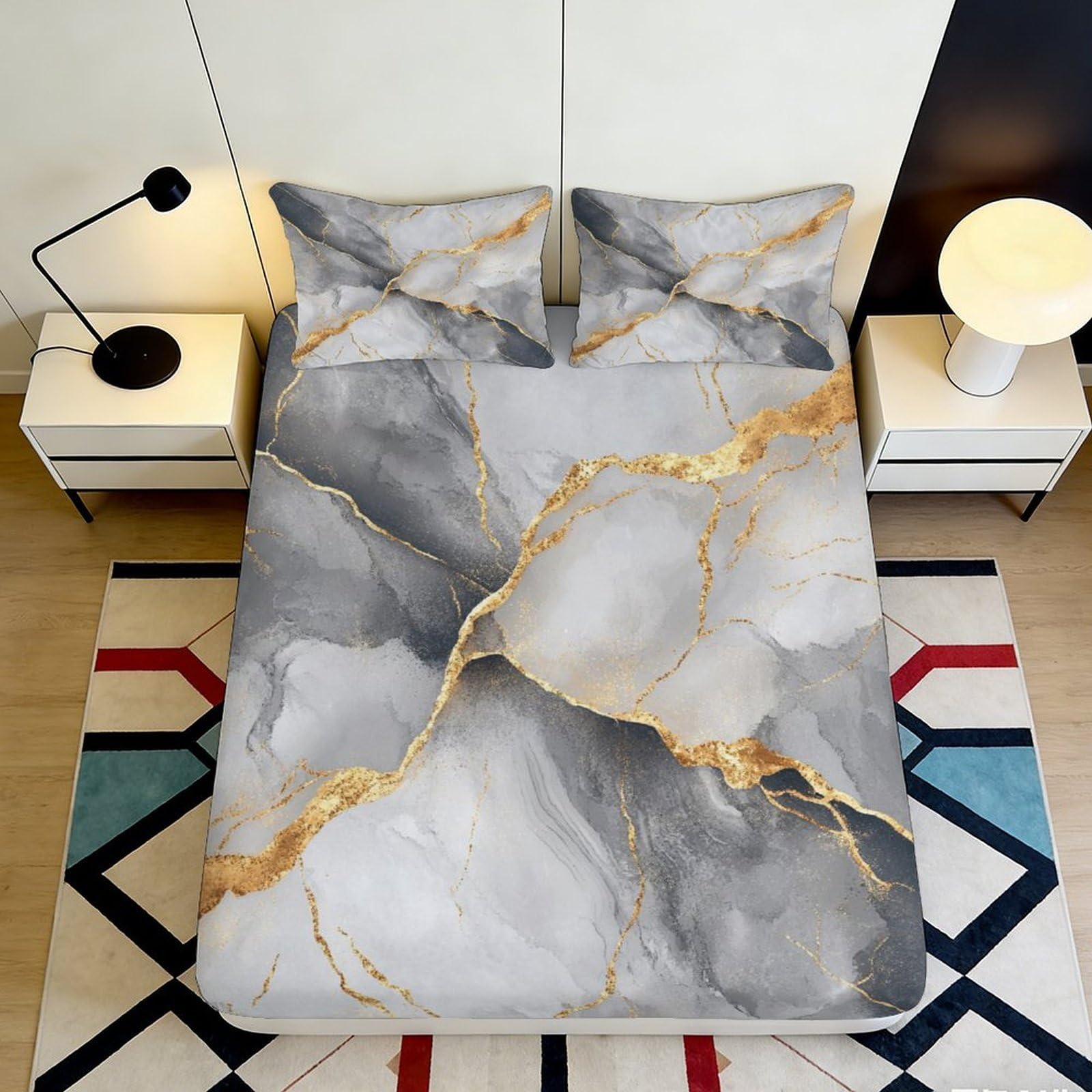 3D Printed Marble Gold Vein Fitted Sheet Microfiber Grey Abstract Mattress Cover for Bedroom Guest Room Decor 180x200x25cm