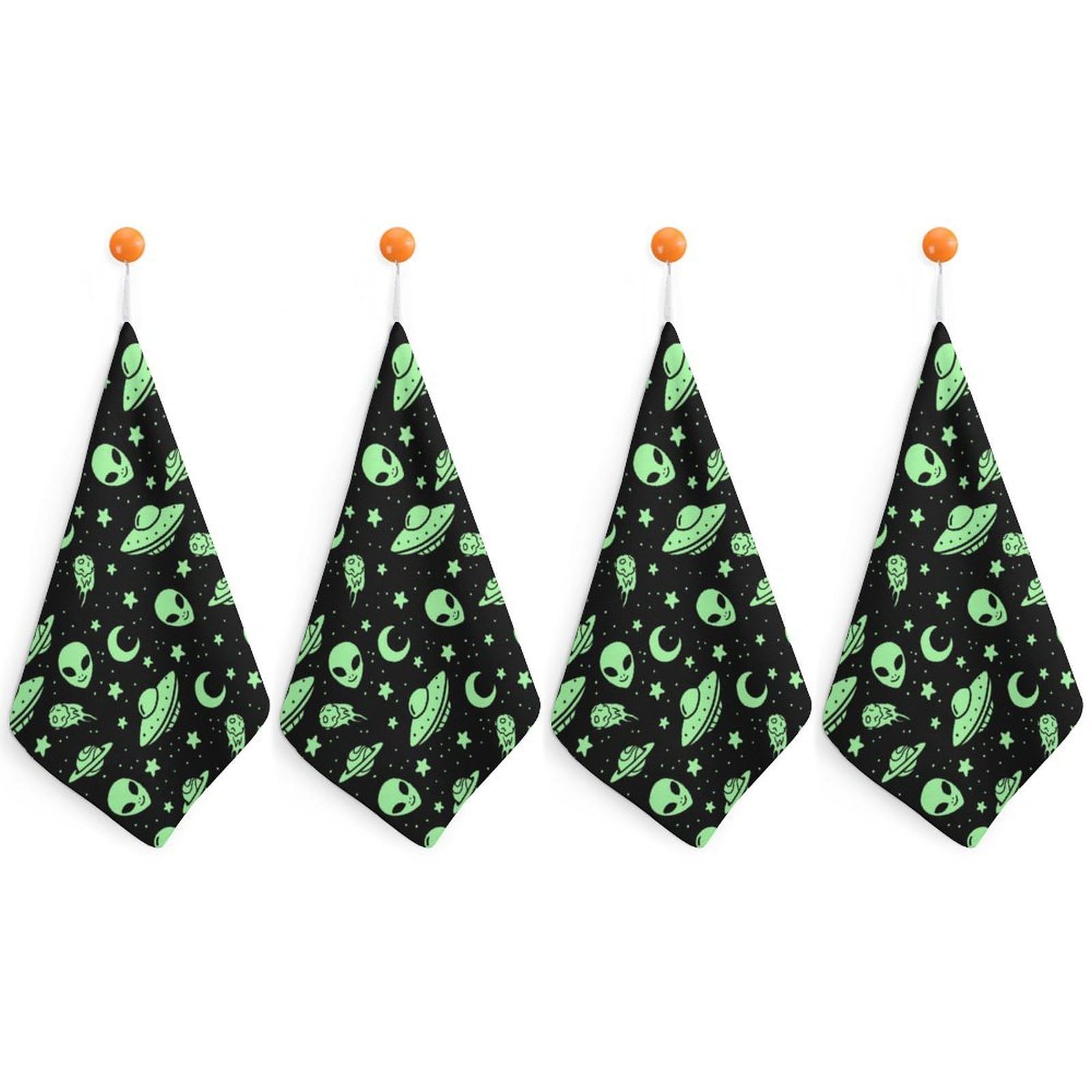 LEDFCVSU 4 Piece Hanging Hand Towels, Green Alien Moon UFO Small Dry Hand Towel for Kitchen Bathroom