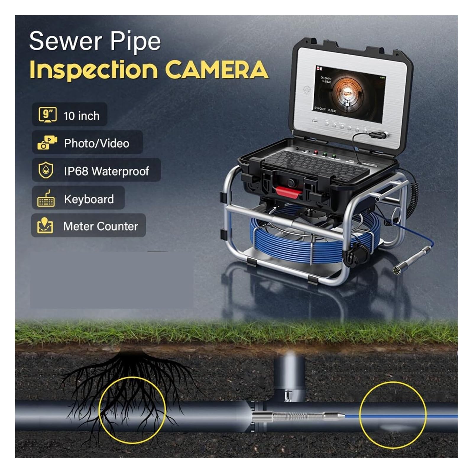 Cámara de inspección de drenaje Cámara De Inspección De Tuberías De Alcantarillado De 5/7 Mm De Diámetro Con Pantalla IPS De 10 Pulgadas Y 1080P De 512 Hz, Video Autonivelante Y Contador De Metros, Cá