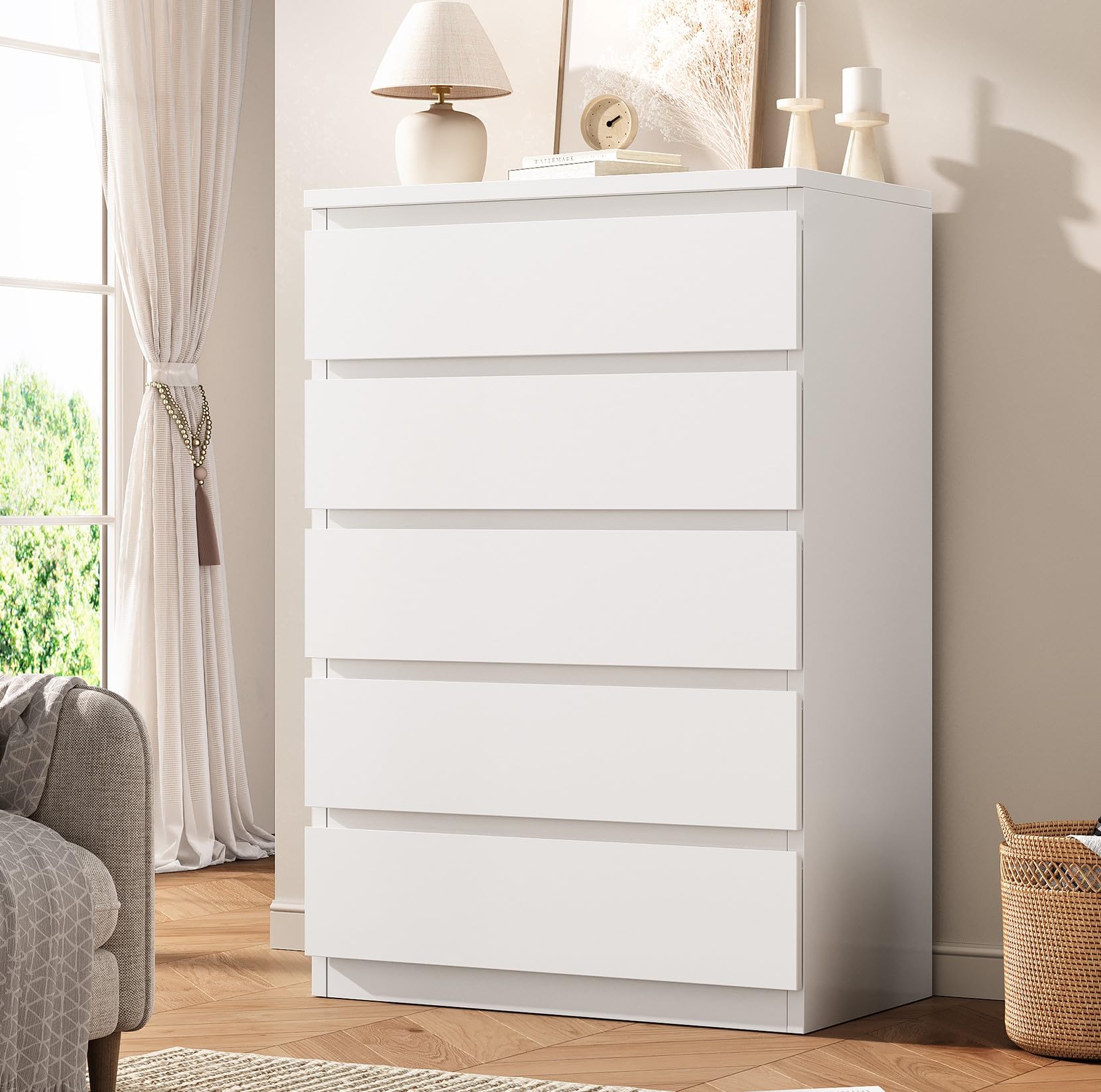 Orgobysol White 5 Drawer Dresser for Bedroom, 15" D x 23.7" W x 40.4" H in Modern Chest of Drawers, Wood Storage Dresser with Handleless Drawers for
