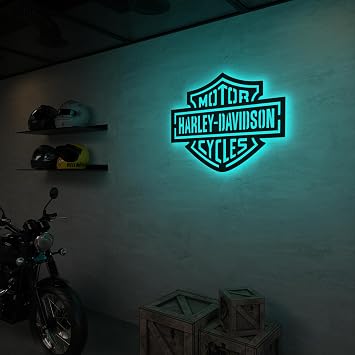 SAFESYZ Harley Davidson Wall Art with RGB LED Light, Man Cave Garage Sign, Motorcycle Wall Lighted Up, RGB 16 Colors Changing w/Remote Control