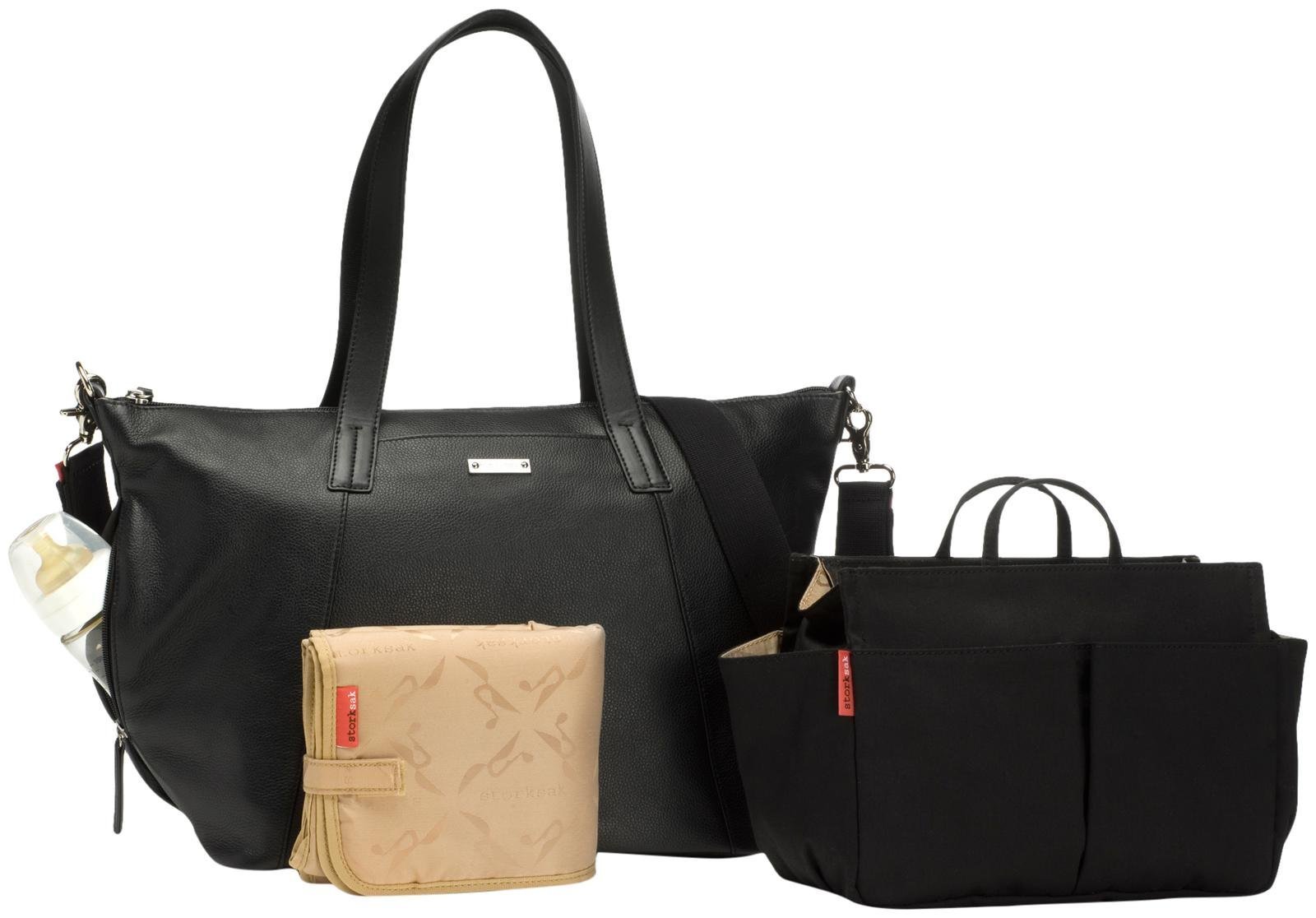 Storksak Noa Leather Shoulder Bag Diaper Bag with Organizer, Black