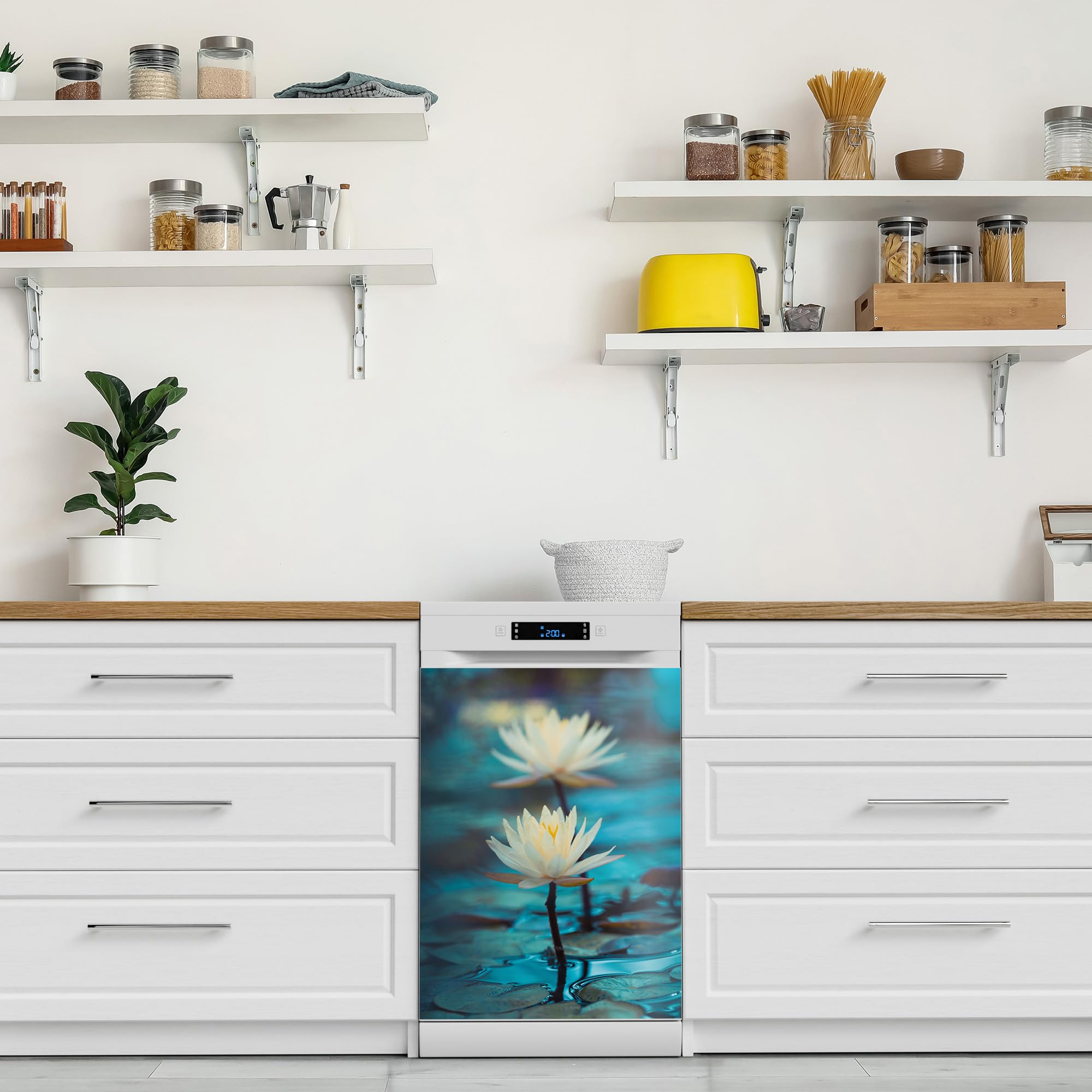 DEQORI Folia magnetyczna do zmywarki 60 x 80 cm | motyw lilii wodnych | dekoracyjna mata magnetyczna ochrona zmywarki | magnetyczna folia dekoracyjna samoprzylepna, magnetyczna i odporna na działanie
