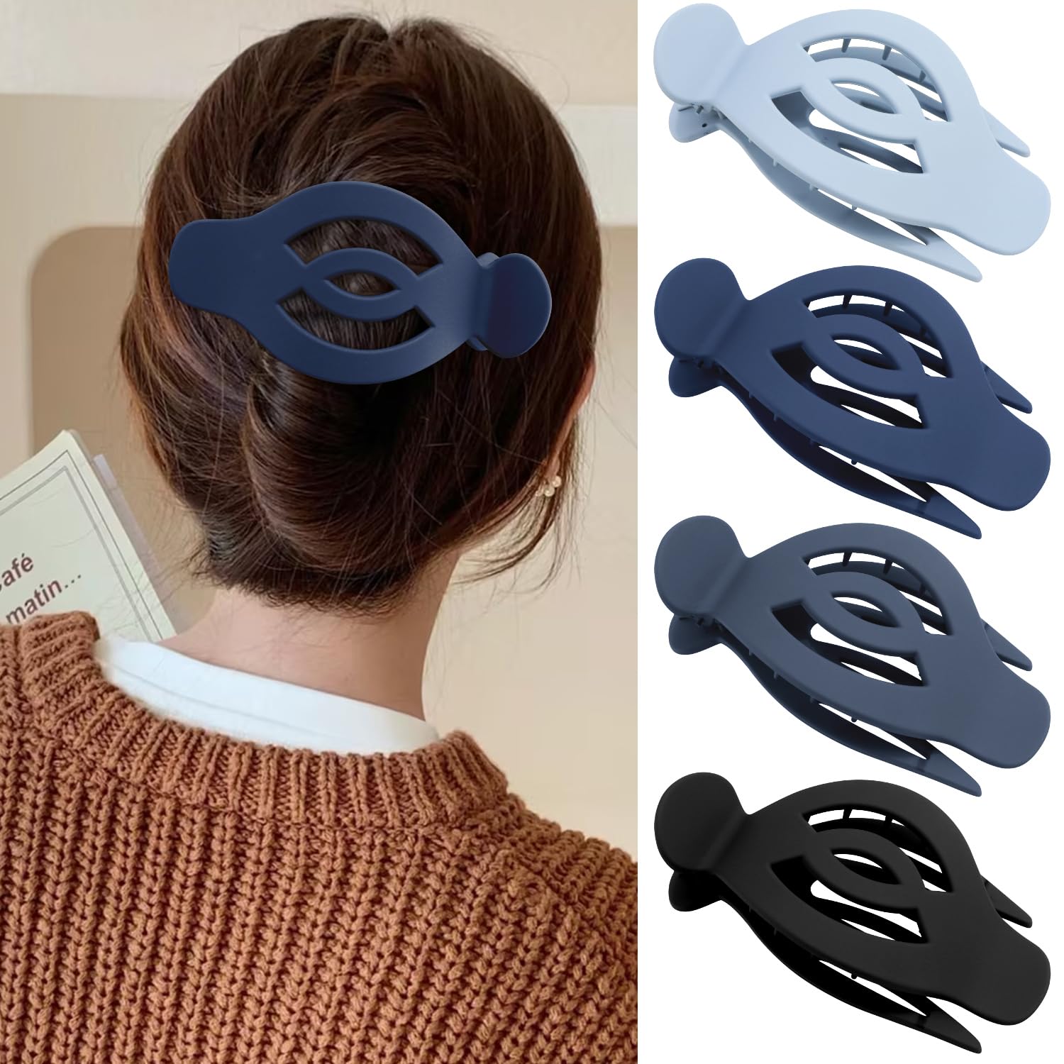 Atoden Flat Hair Clips Large Alligator Claw Clips for Thick Thin Hair 5'' French Concord Hair Clips 4Pcs Curved Lay Down Barrettes Matte Jumbo