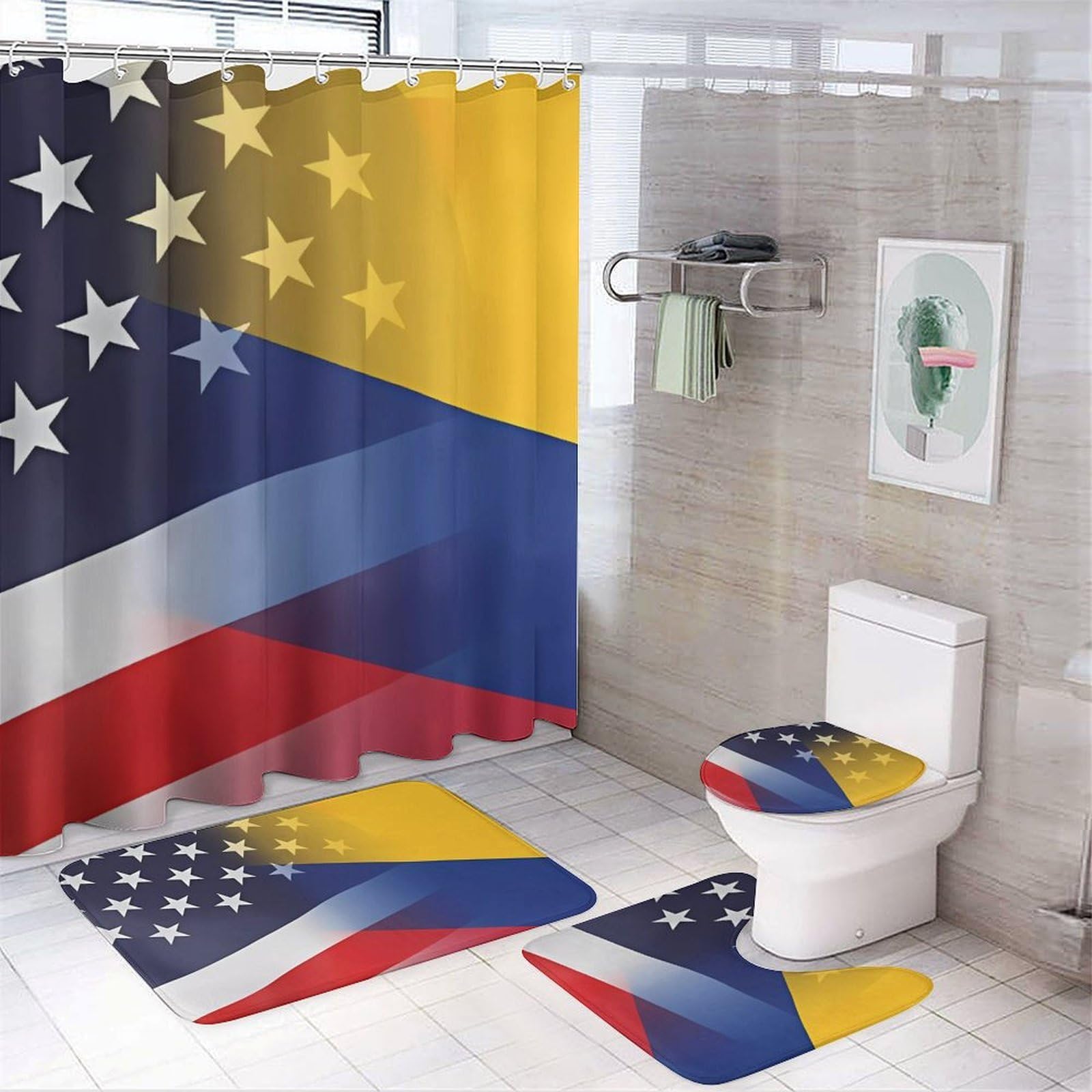 CGSBNGHA Colombia And U.S. of Flag Shower Curtain Set 4 Piece Bathroom Sets with Rugs Toilet Lid Cover And U-Shaped Floor Mat