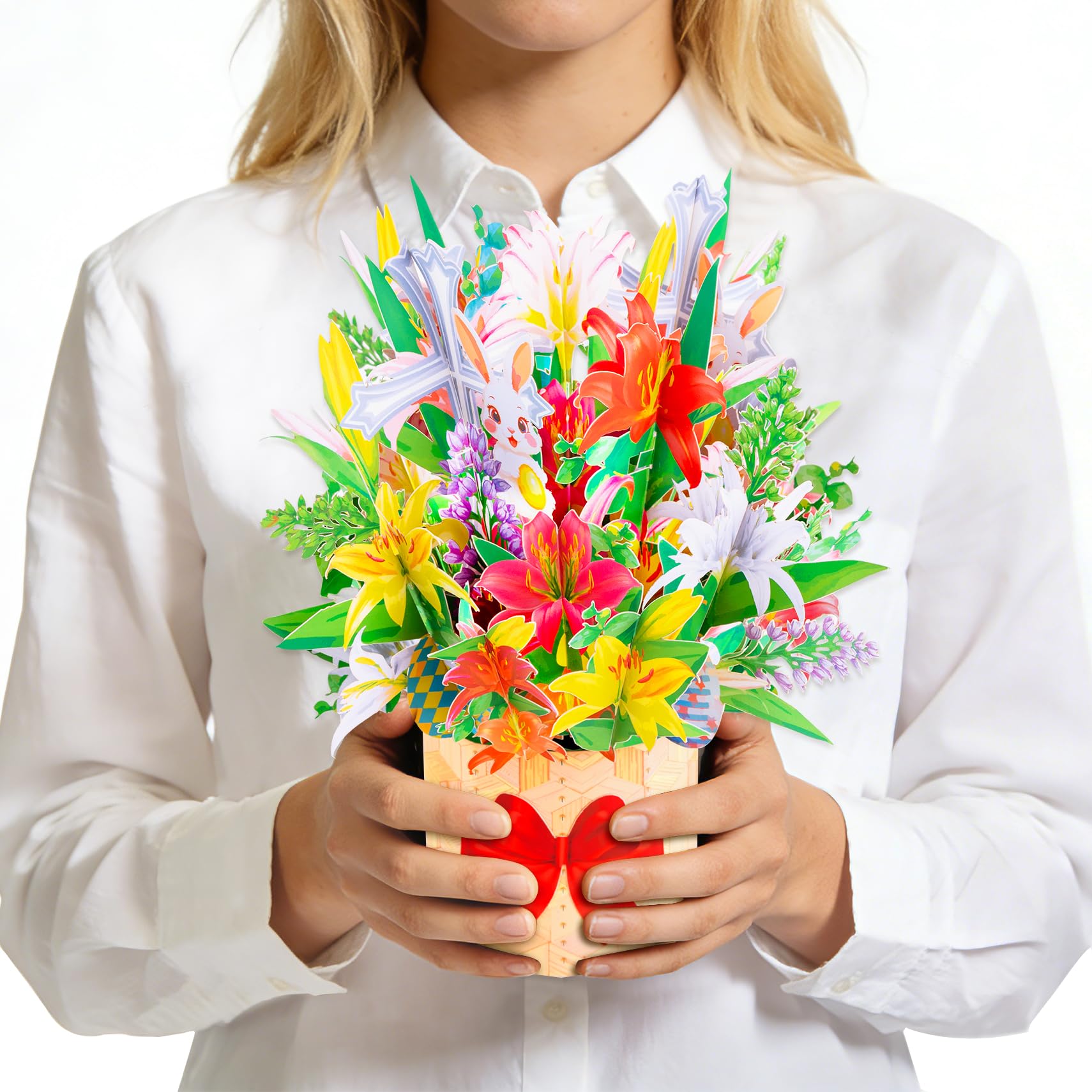 GREETING ART Pop Up Karte Ostern, Buntes Lilienkreuz Kaninchen Design, 3D Osterkarte für Geldgeschenke