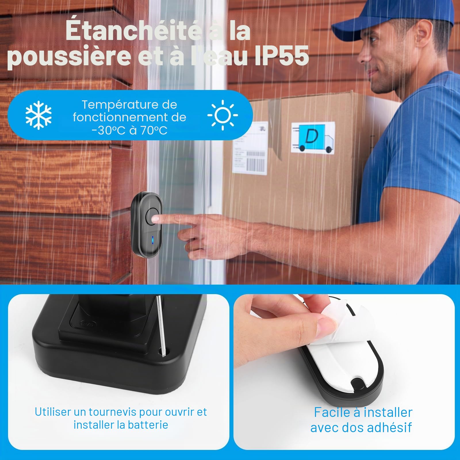 VFANDV Sonnette sans Fil, Mini Sonnette de Porte IP65 Exterieur Étanche Carillon,5 Niveaux Volumes 55 Mélodies pour Maison, Hôtel
