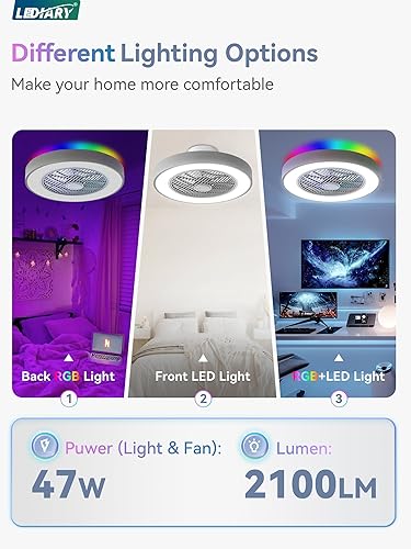 Miniatura 9 de LEDIARY Ventilador de techo cerrado de 22 pulgadas con luz y control remoto, ventilador de techo blanco moderno sin aspas con luz brillante,