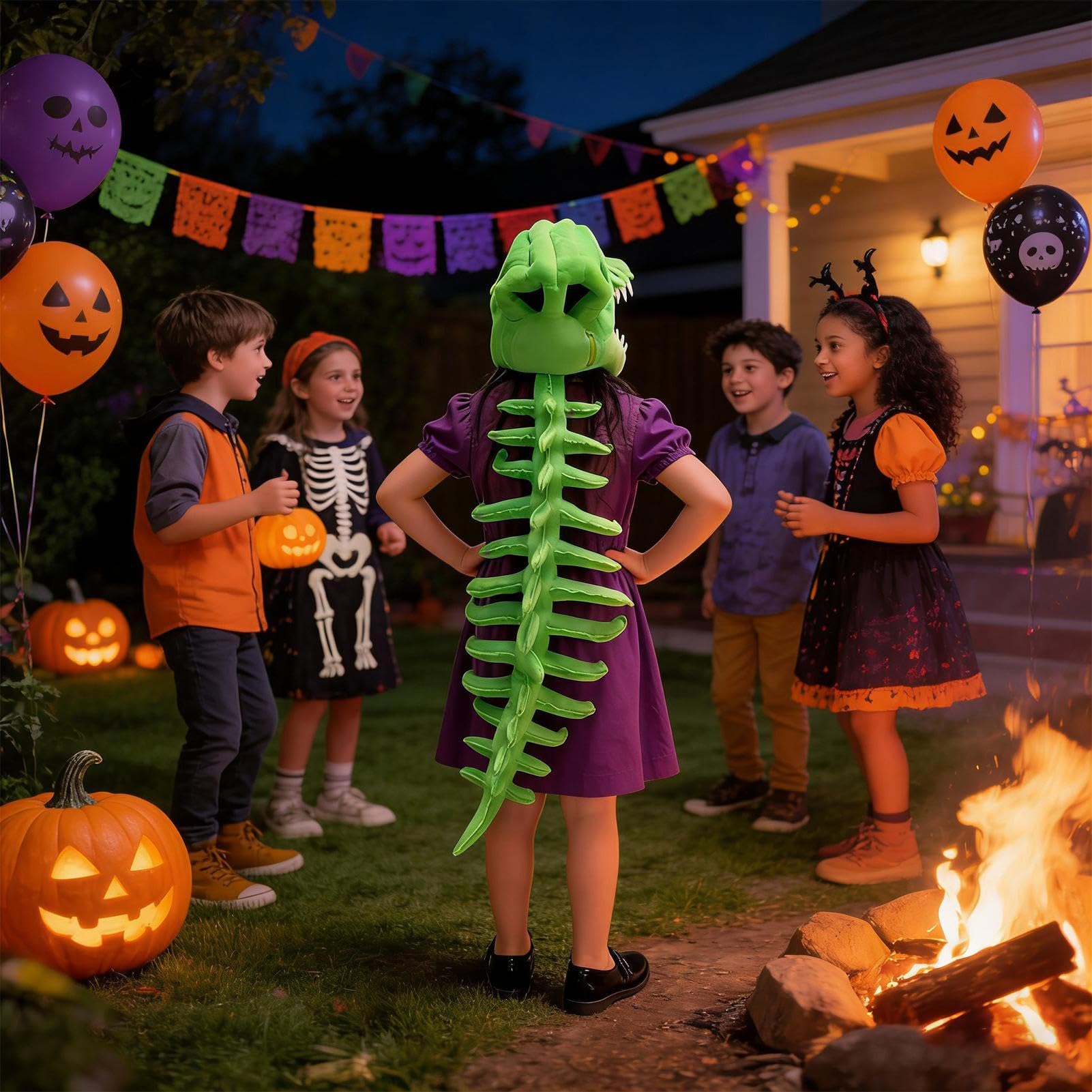Kostium szkieletu dinozaura, przebranie i tematyczny strój na Halloween, długi ogon, wzór szkieletu zwierzęcego, strój na występy sceniczne, do konwencji komiksowych, film nawiedzony dom