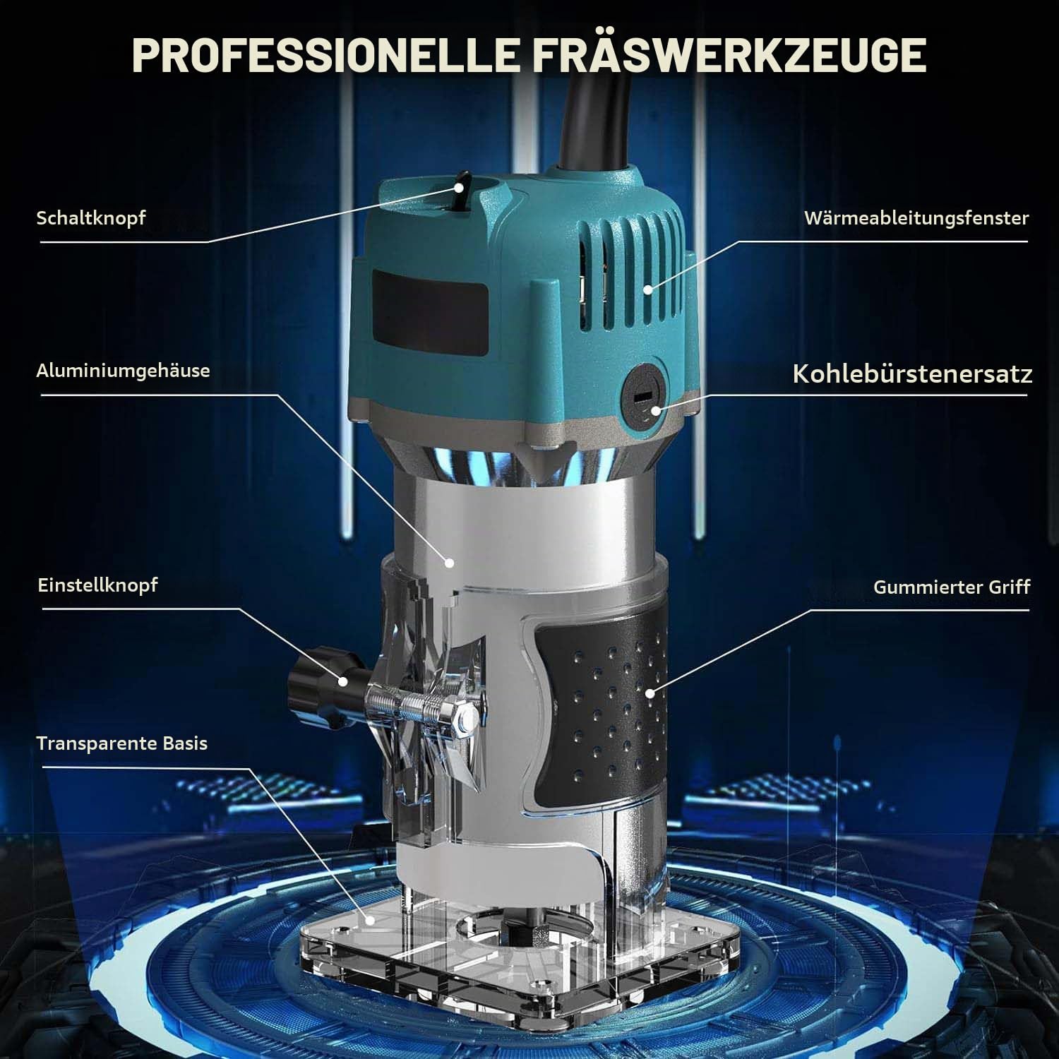Oberfräse Trimmer Router Fräsmaschine, elektrisch, Holzwerkzeug, 800 W, 30.000 U/min, Zange 8 mm, 6,35 mm + Koffer mit 15 Fräsern, Schaft 1/4 Zoll, für Holzbearbeitung