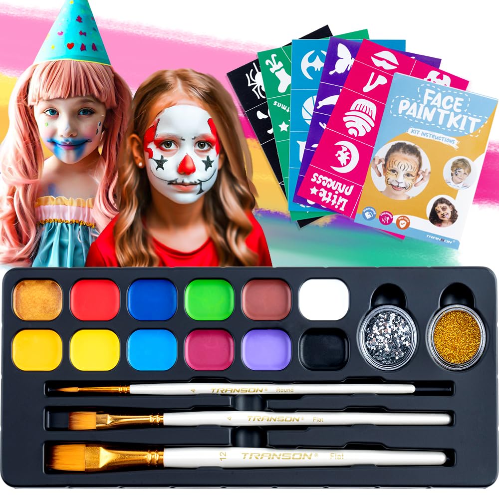 Transon 12colors Face Painting Kit for Kids Adults Non-toxic Water-based Paint with Brushes Stencils and Glitters
