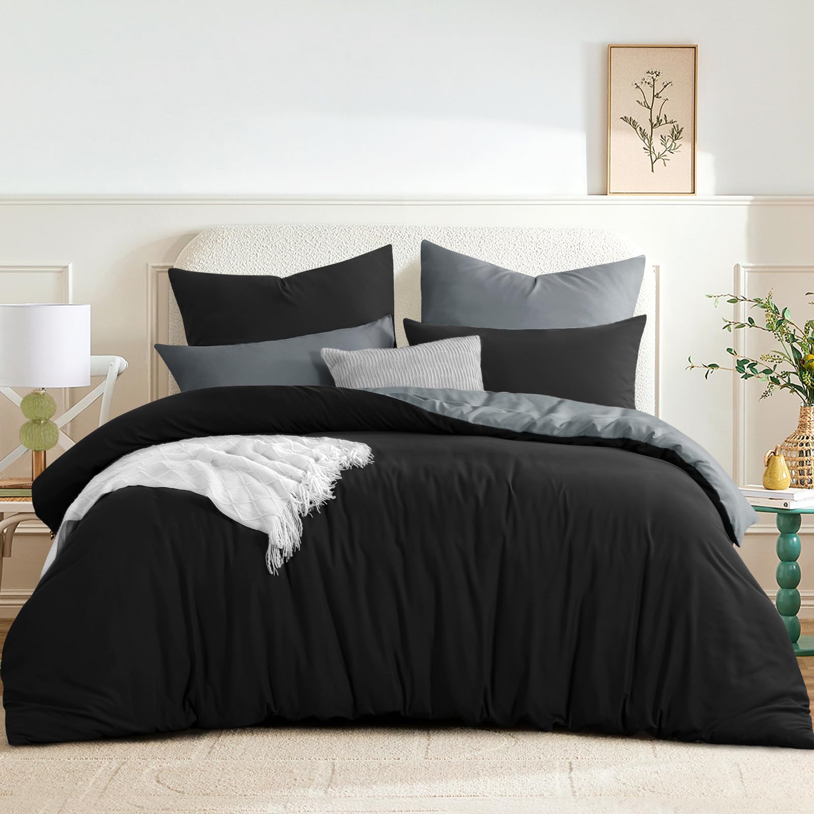 RUIKASI Bettwäsche 200x220 Schwarz Grau 3teilig - Wendebettwäsche Bettbezug 200 x 220 mit Reißverschluss, Oeko-TEX Mikrofaser Bettwäsche Sets, Weich und Bügelfrei