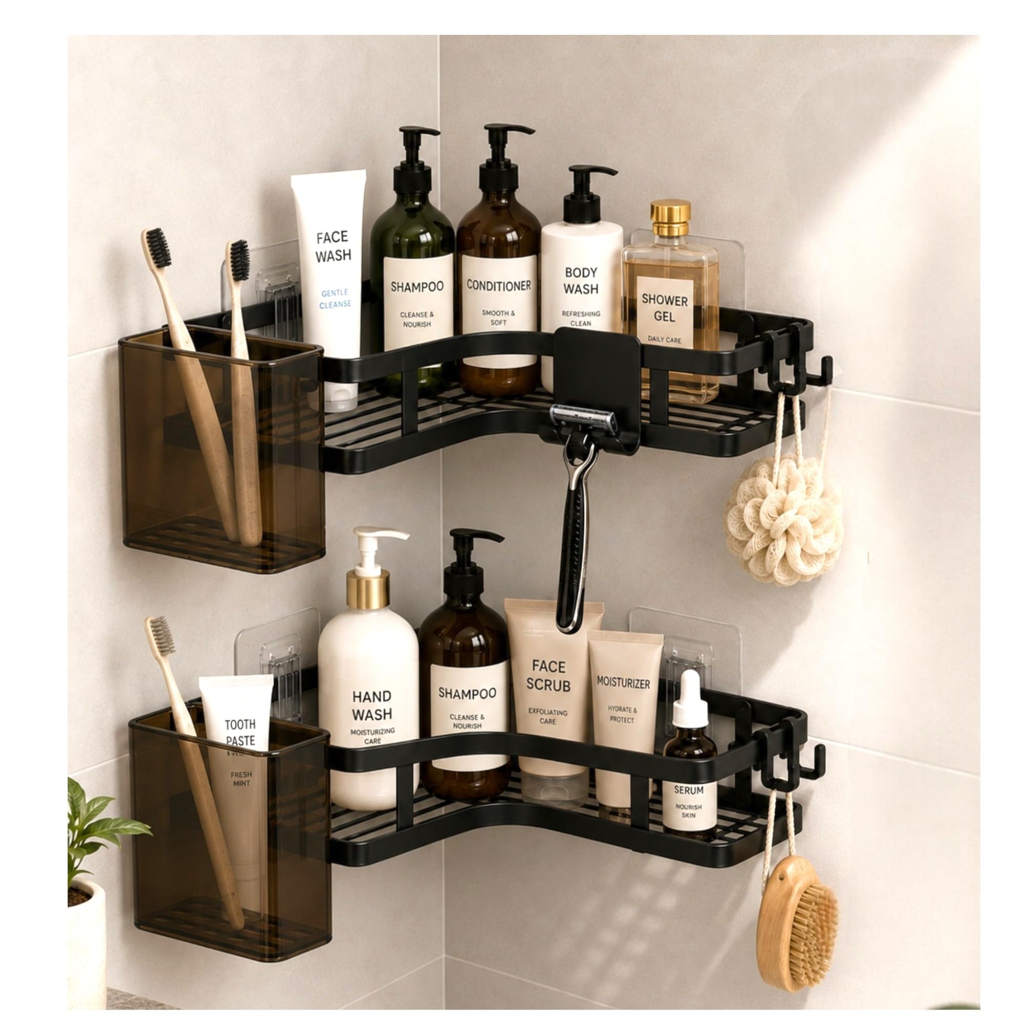 D&S London® Corner Shower Caddy Organizer Set Pack of 4 No Drill Black Bathroom Accessories with Adhesive Wall Mount, Rustproof Metal Shower Storage, Soap Holder, Toothbrush Holder, Hooks
