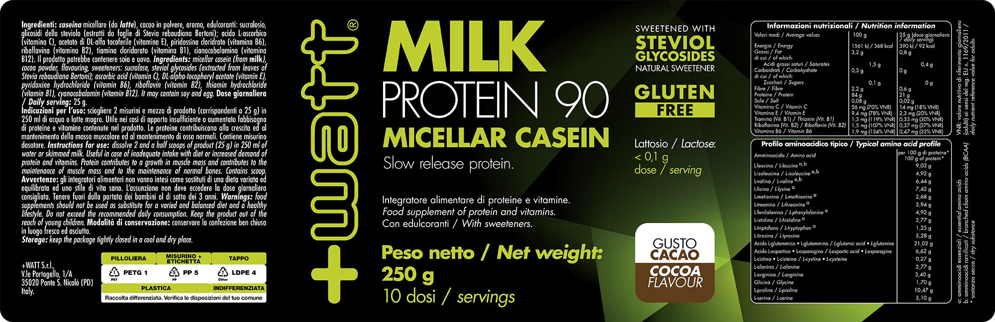Milk Protein 90 - Proteina a Lento Assorbimento- Formato: 250 g - Gusto: Cacao