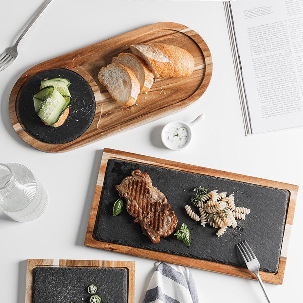 Sanfly Tabla De Servir De Madera con Pizarra, Plato De Pizza De Madera De Pino, Bandeja De Madera Multiusos para Servir Queso, Plato De Pizarra para Carne Y Pan.