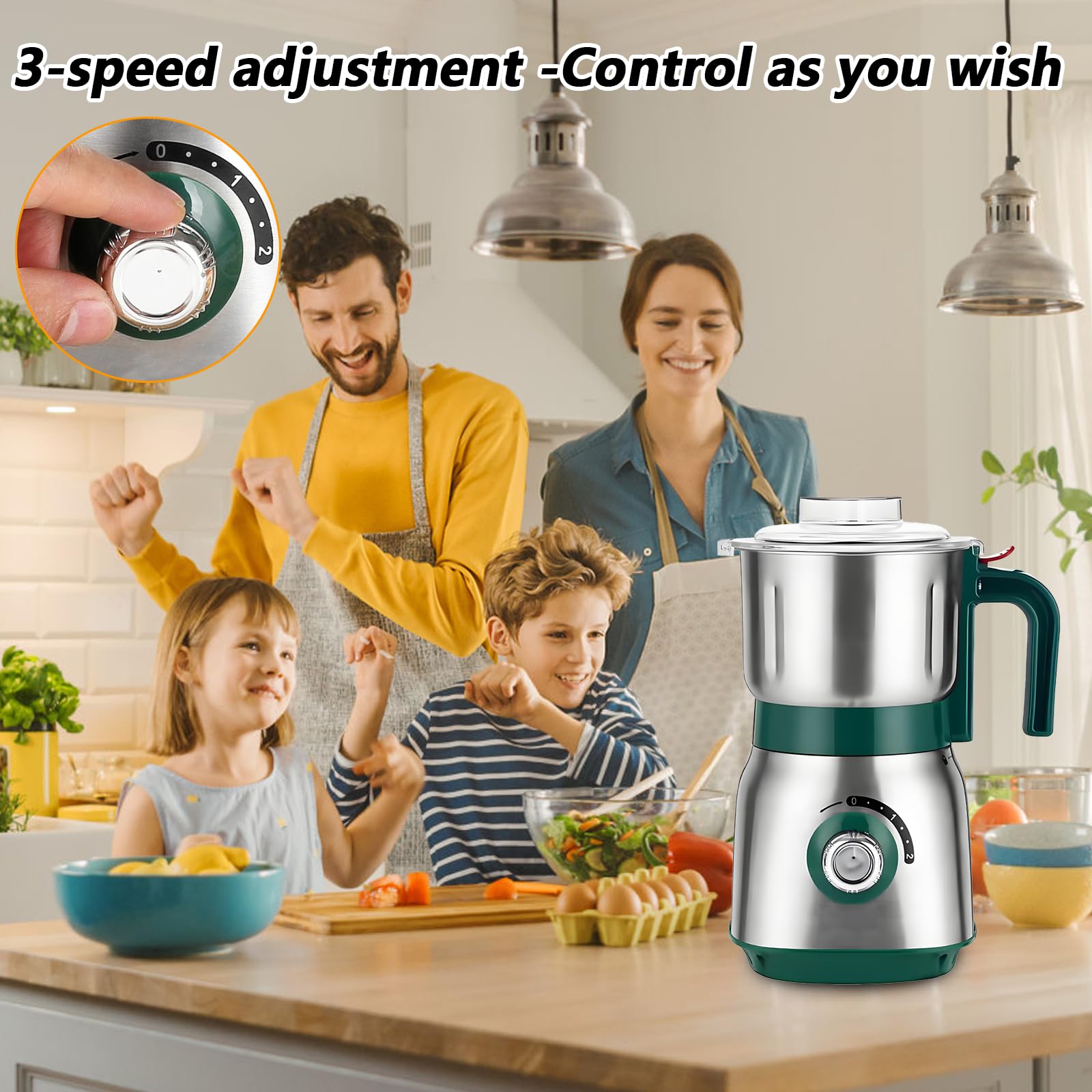 Molino de grano eléctrico 500 W, molinillo de especias trituradora multifuncional húmedo y seco, 600 ml de acero inoxidable, 2 velocidades ajustables, molino de cereales con cepillo filtro cuchillas