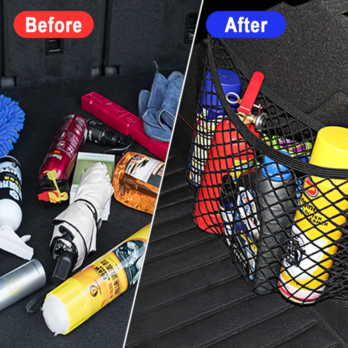 Filet Rangement Coffre Voiture CGEAMDY - Lot De 4 Sacs Élastiques Avec Velcro - 50x25cm - Organisation Pratique