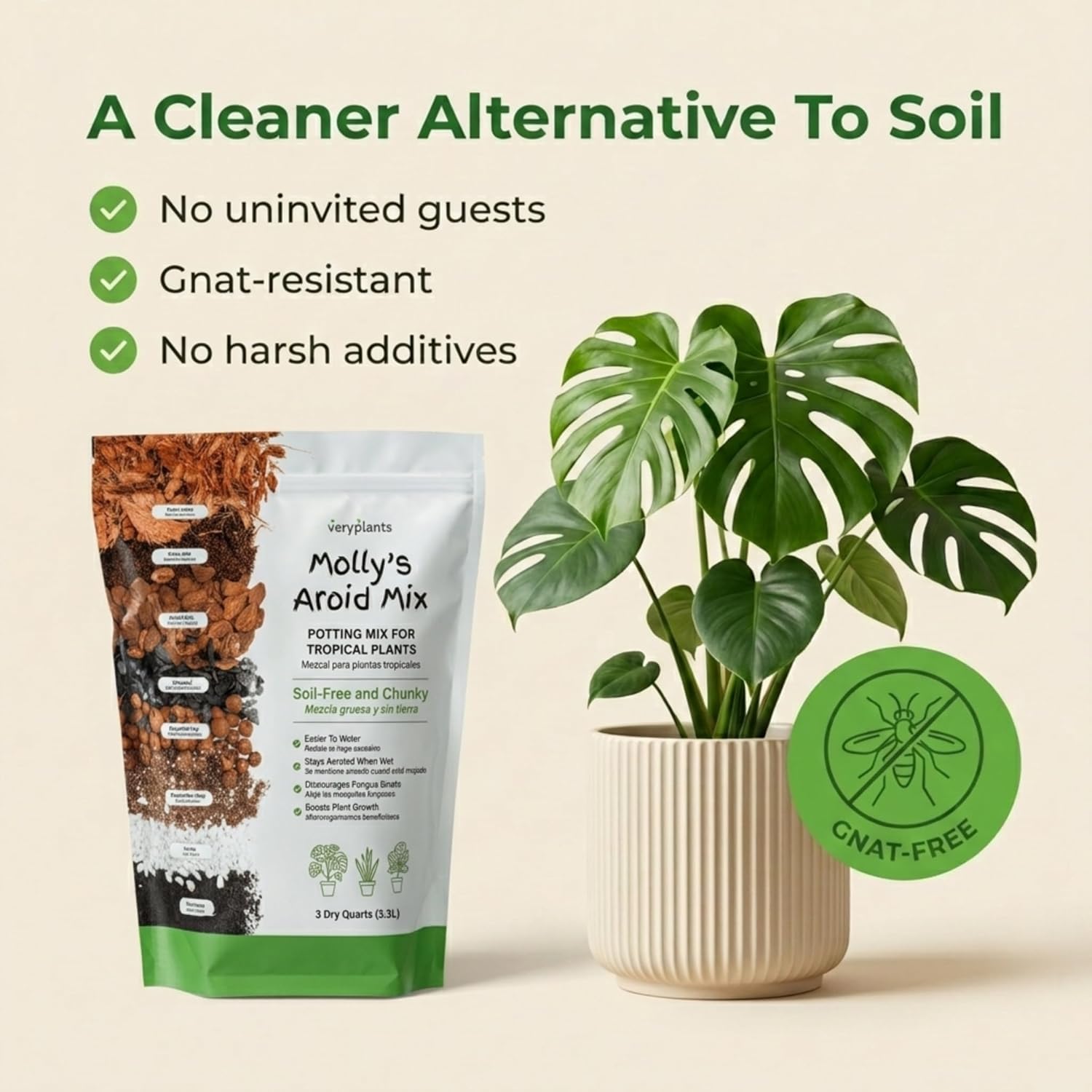Molly's Aroid Mix - Premium Soilless Potting Mix for Houseplants - Fast Draining, Chunky & Easier to Water vs. Soil for Indoor Plants - with Bark, Coco Chips, Worm Castings, Mycorrhizae 3 Dry Quarts