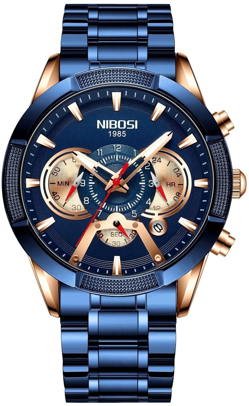 NIBOSI Stainless Steel Blue and Gold Fashion Chronograph Calendar Watch for Men (B09JM3KMJV) Amazon Price History, Amazon Price Tracker