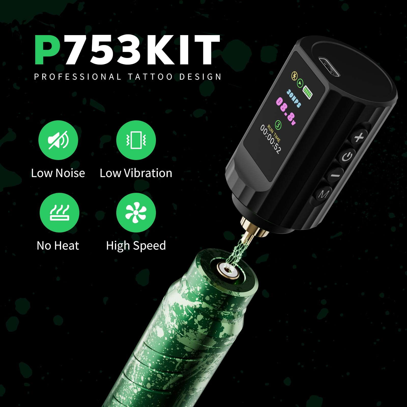 SOLONG Kit Profesional para Principiantes de Tatuajes – Lápiz Inalámbrico 1600mAh con 10 Agujas de Cartucho y Papel Transfer, Equipo Completo para Empezar, EF-TK-P753KITCEU-10