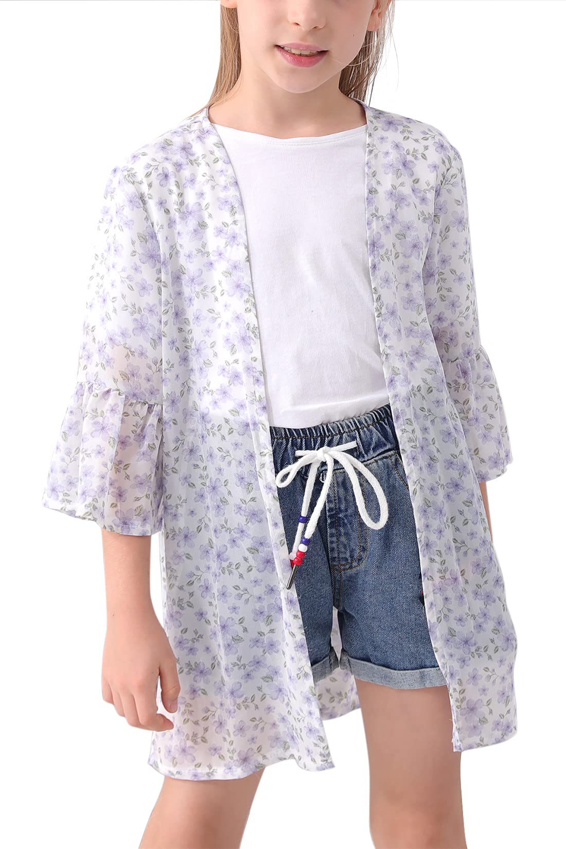 GORLYA Girls Floral Chiffon Kimono Beach Cover Up 4-14Y