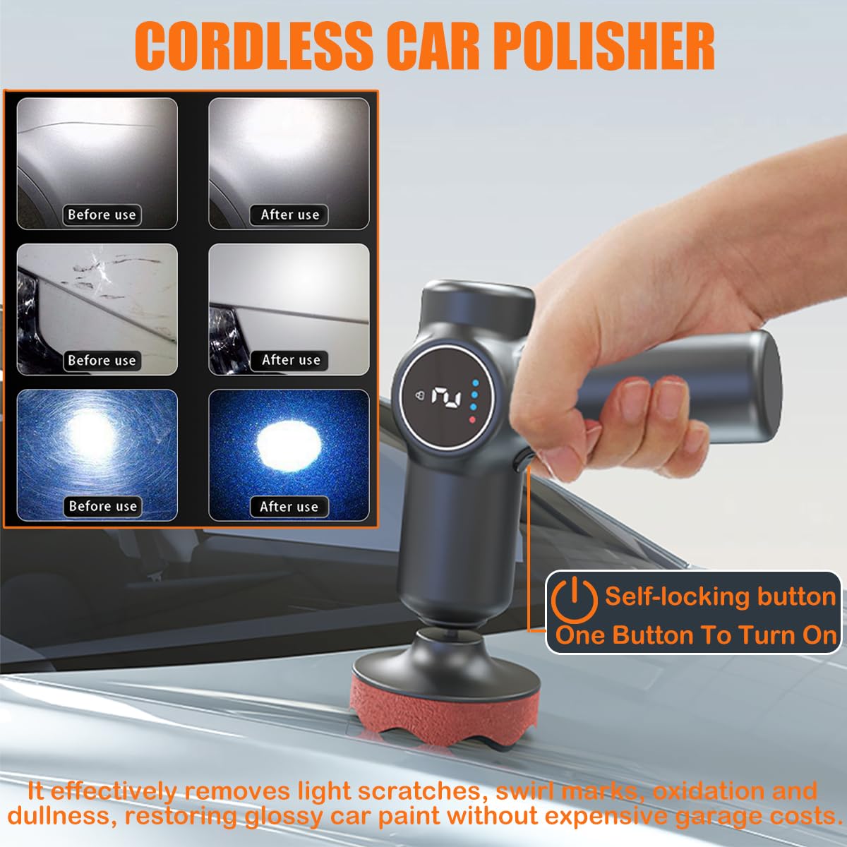 Kit de polisseuse de voiture sans fil, polisseuse rechargeable 20 000 tr/min électrique sans fil, 3 tampons de polissage et 2 réglages de vitesse, pour les détails de voiture, le cirage, la correction
