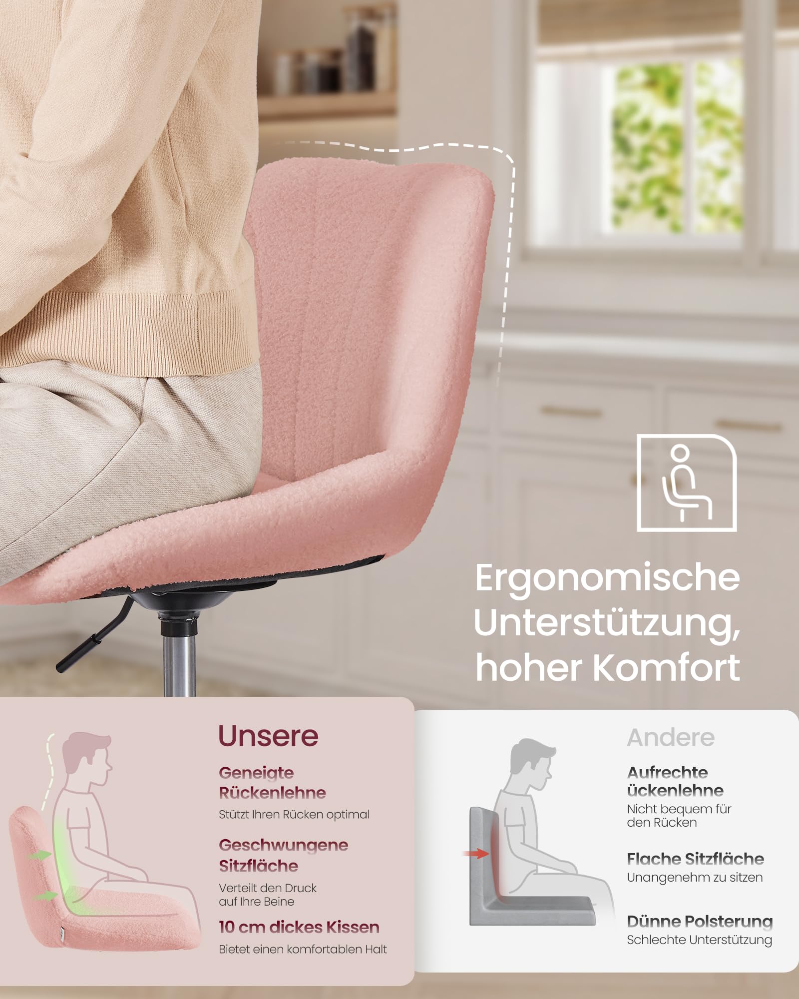 VASAGLE Schminkhocker, Schminkstuhl mit Rückenlehne, höhenverstellbar, um 360° drehbar, für Schlafzimmer, Esszimer, Sherpa-Bezug, Pastellrosa LJB160S101