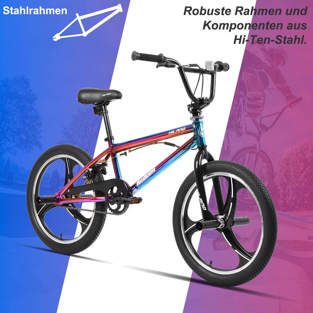 Hiland Bicicleta BMX Infantil de 20 Pulgadas,3 radios,para niños y niñas a Partir de 7 años,Rotor de 360 Grados,Estilo Libre,4 Clavijas de Velocidad única para niños BMX,Colorido