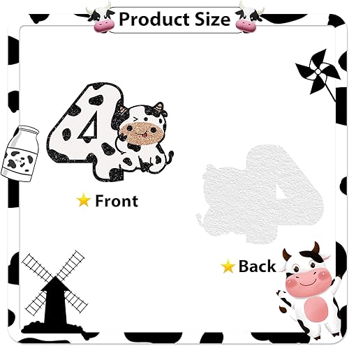 Miniatura 4 de Decoración para pastel de 4 cumpleaños de vaca con purpurina blanca, decoración de pastel de vaca sagrada con texto en inglés "I'm Fow" para niños y