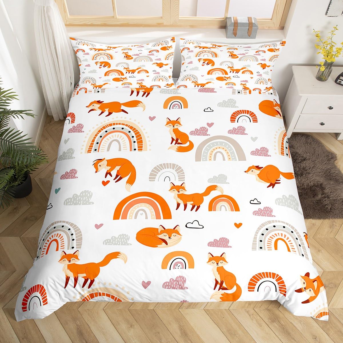 Homemissing Fox Bedding Set Kids Rainbow Cloud Comforter Cover for Boys Girls Cartoon Animal Duvet Cover Breathable Cute Bedspread Cover Decor Kawaii Quilt Cover Double
