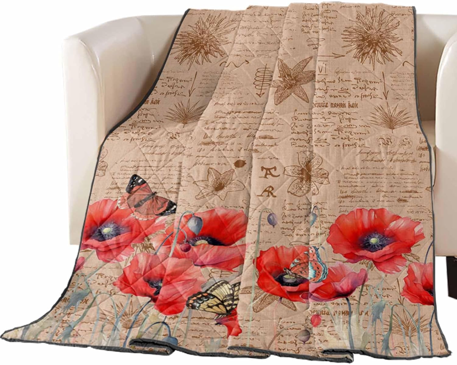 T&H XHome Quilt King Size Luxury Quilted Comforter Bedspread-Thin Soft Cozy, Poppy Red Vintage Poppy Flower Butterfly Reversible Stitched Lightweight Quilt Coverlet for All Season