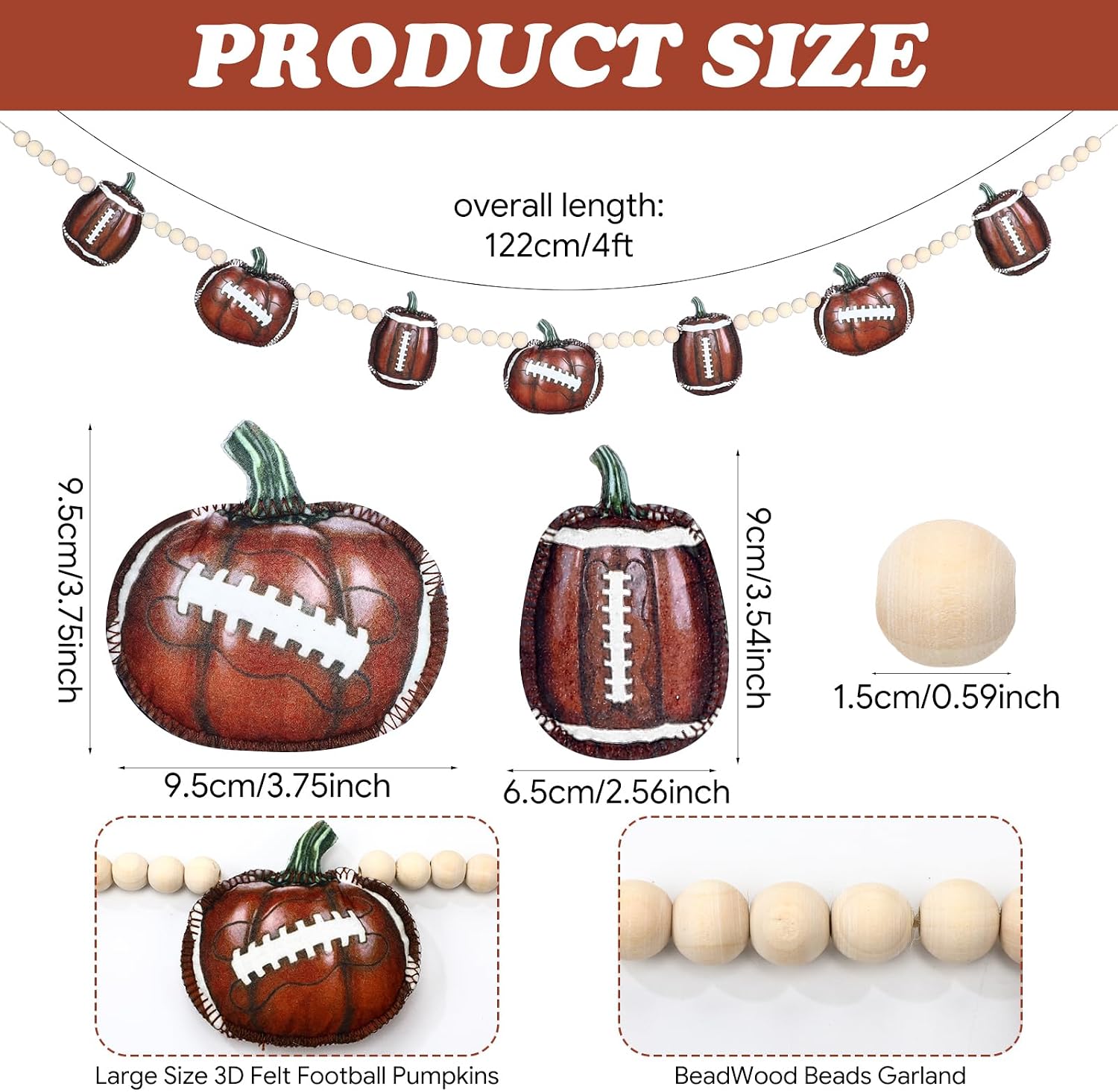 Hahafelt Football Pumpkin Felt Garland with Wood Bead, 4 ft