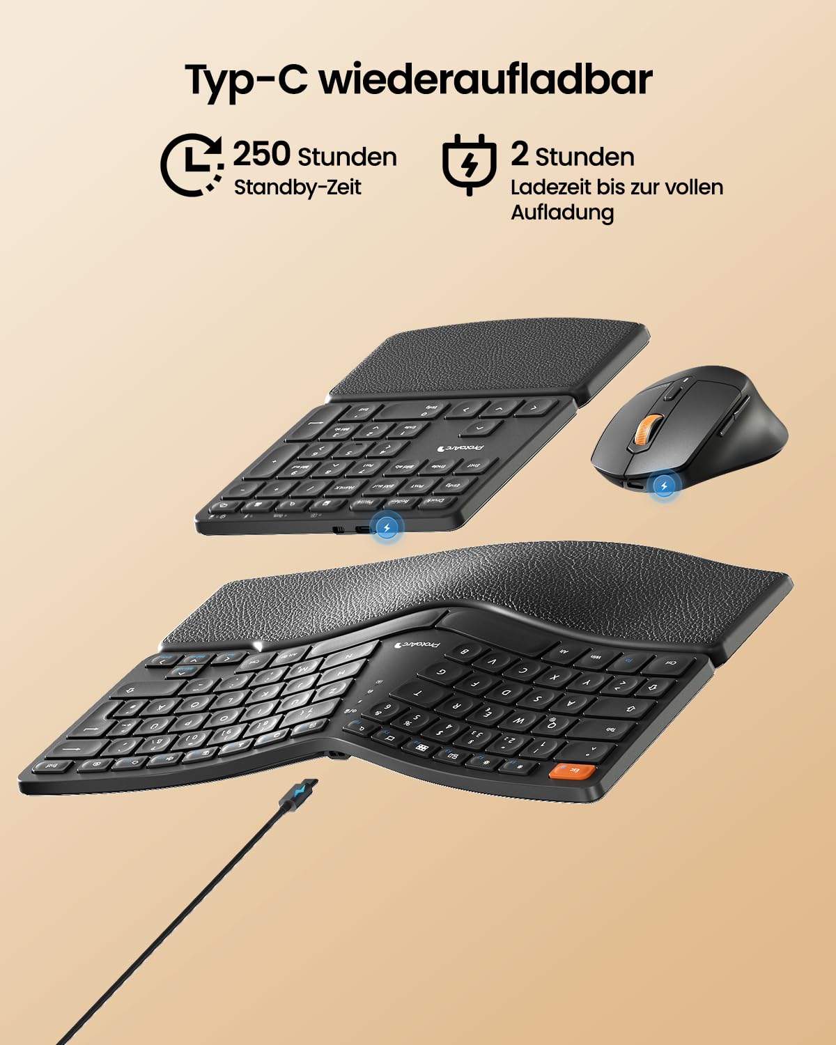 ProtoArc Ergonomische Tastatur Maus Set, EKM04 2,4 GHz Kabellos Ergo Tastatur Maus, Separater Ziffernblock, Geteiltes Design, Handballenauflage, Tastatur Split für Desktop, PC, Laptop, Windows