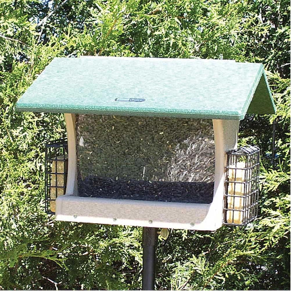Birds Choice SN300-S Two-Sided Hopper Feeder, Recycled Bird Feeder w/ Two Suet Cages, Large, Taupe/Green