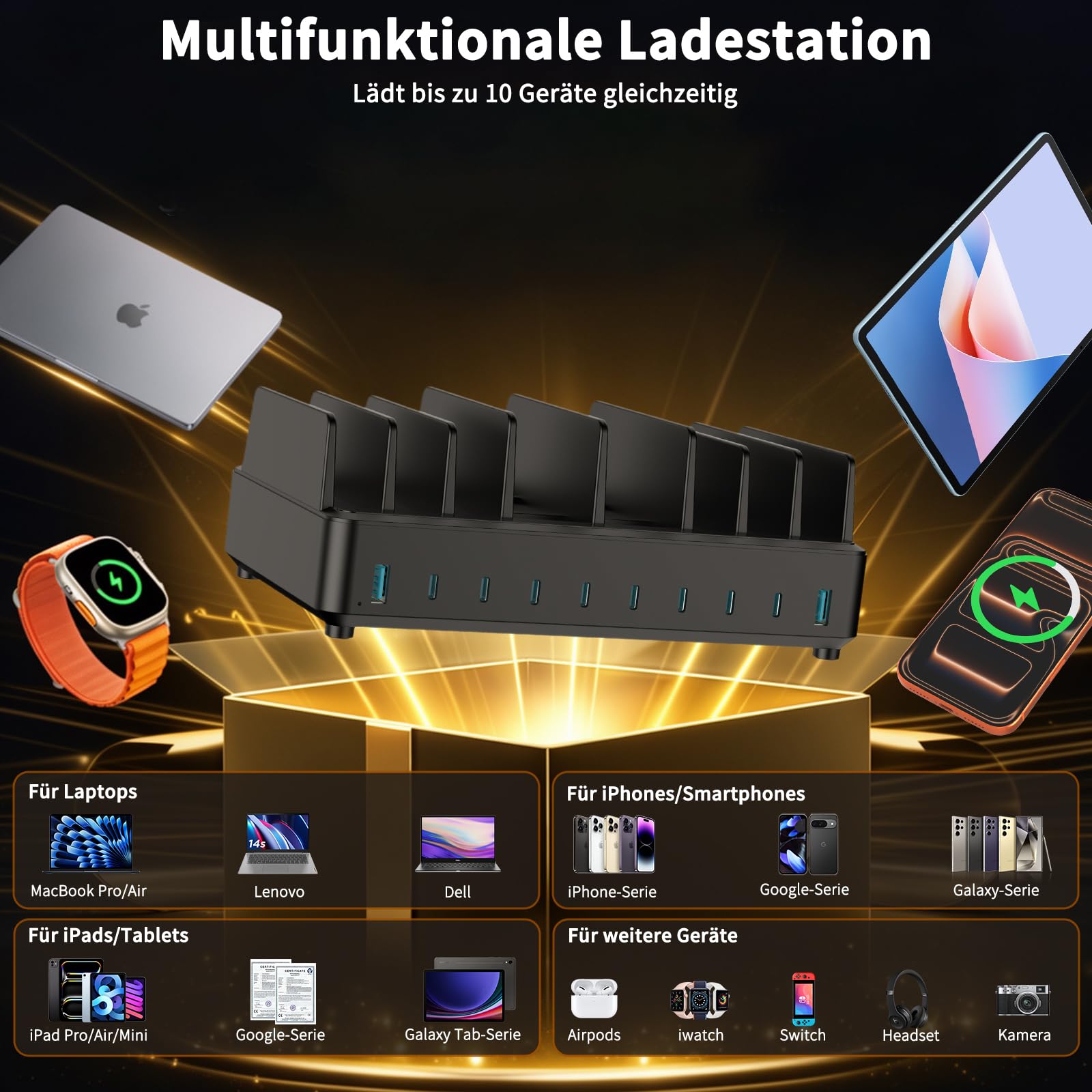 420W Ladestation Mehrere Geräte USB C Charging Station, GaN PD3.0 10 Anschlüsse Handy Ladestation Desktop Ladegerät mit Schnell-Laden Kompatibel mit MacBook Pro/Air, iPhone, Galaxy