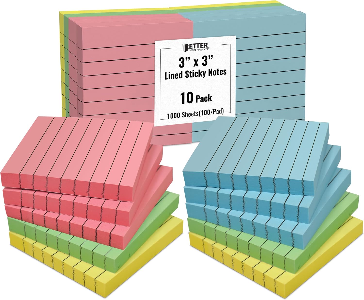 Lined Sticky Notes 3 x 3, 10 Pack, 1,000 Sheets (100/Pad), Self Stick Notes with Lines, Assorted Pastel Colors, by Better Office Products, Post Memos, Strong Adhesive, 10 Pads