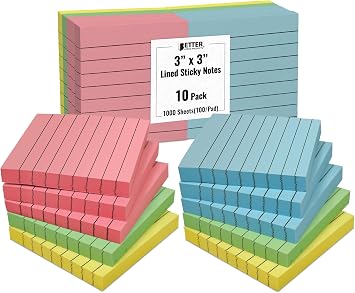 Lined Sticky Notes 3 x 3, 10 Pack, 1,000 Sheets 100/Pad, Self Stick Notes with Lines, Assorted Pastel Colors, by Better Office Products, Post Memos, Strong Adhesive, 10 Pads